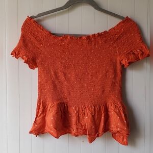 Japna Off-Shoulder Smocked Peplum Top, Size L - Red with White Embroidery